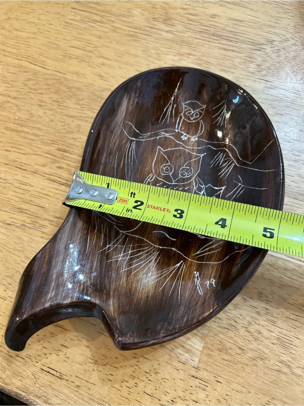 Hand-Carved Brown Fish-Shaped Wooden Tray with Owl Etching